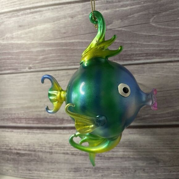 Vintage Alessandra Puffer Kissing Fish Ornament Blue Green Blown Glass 3" X 5" - Picture 2 of 8